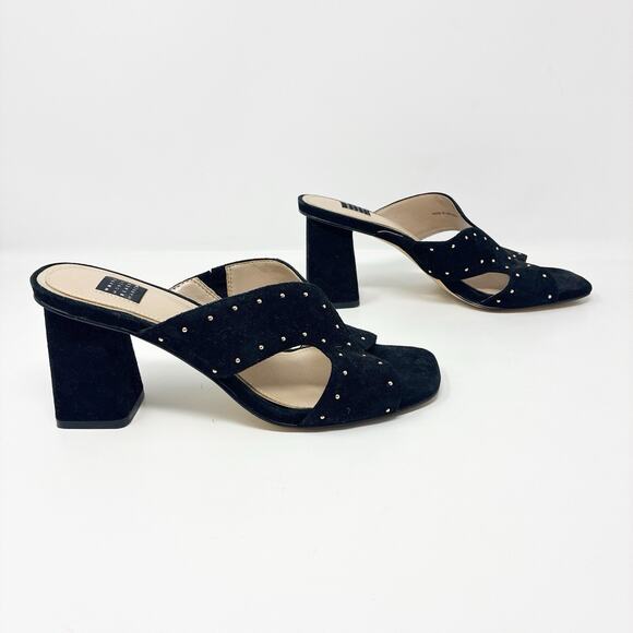 White House Black Market Gold Studded Suede Block Heeled Sandal 8.5 - Picture 2 of 7